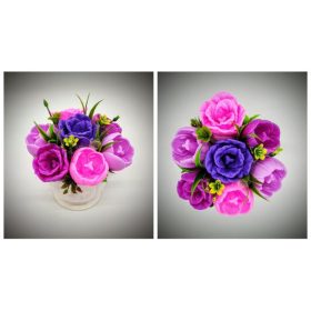   Szappanvirág  csokor - lila-fukszia tulipán csokor - fehér kis kehely kaspóban - 4.