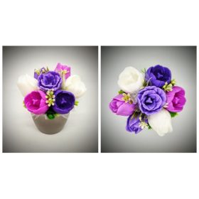   Szappanvirág  csokor - lila-fukszia-fehér tulipán csokor - közepes pezsgő kaspóban - 5.