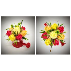   Szappanvirág csokor - piros-sárga tulipán csokor - piros színű locsolókannában