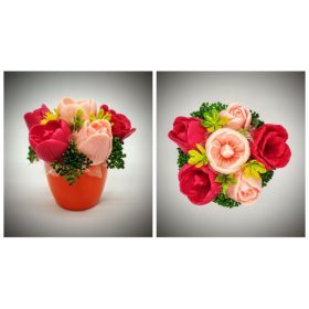   Szappanvirág csokor - piros-barack tulipán csokor - narancssárga kis kaspóban - 1.