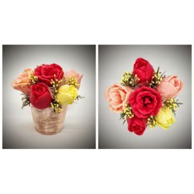   Szappanvirág csokor - piros-barack-sárga tulipán csokor - rosegold kis kaspóban - 2.