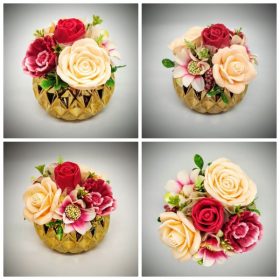   Szappanvirág csokor - piros-barack csokor - selyemvirággal - arany bordás kör kaspóban - 2.