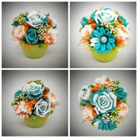 Szappanvirág csokor - zöld-barack csokor - zöld kaspóban