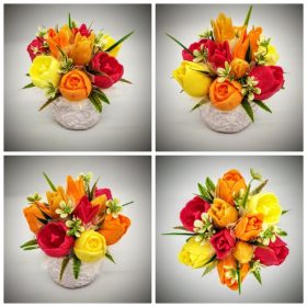   Szappanvirág  csokor - piros-sárga tulipán csokor - fehér kőkaspóban