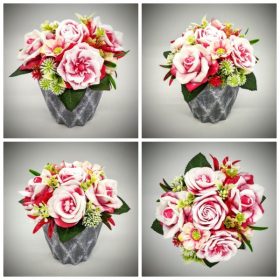   Szappanvirág  csokor - piros-fehér csokor - szürke műanyag kaspóban