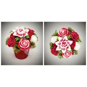   Szappanvirág csokor - piros-fehér csokor  - piros csillámos kis műanyag kaspóban