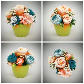   Szappanvirág  csokor - zöld-narancs csokor  - kis zöld kaspóban - 1.