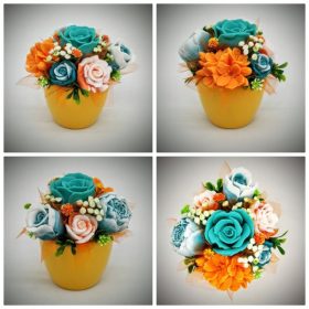   Szappanvirág  csokor - zöld-narancs csokor  - kis sárga kaspóban - 3.