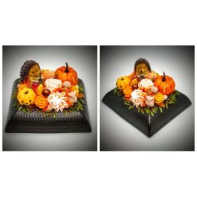   Szappanvirág  csokor - sünivel - halloween csokor - barna műanyag tálban