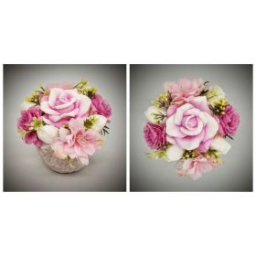   Szappanvirág csokor - rózsaszín nagy rózsa - selyemvirággal - kis fehér kőkaspóban -1.