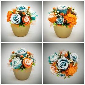   Szappanvirág  csokor - zöld-narancs csokor  - kis arany kaspóban - 2.