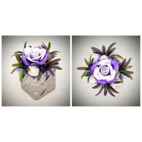 Szappanvirág  csokor - lila rózsa - ezüst kocka kaspóban