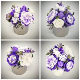 Szappanvirág  csokor - lila csokor - ezüst kör kaspóban