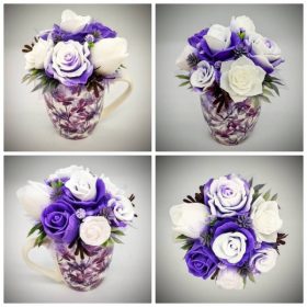   Szappanvirág  csokor - lila csokor - lila mintás bögrében