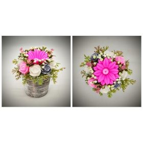   Szappanvirág  csokor - pink margaréta csokor  - kis ezüst kaspóban