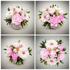   Szappanvirág  csokor - pink-fehér szappanvirág csokor - fehér kőkaspóban