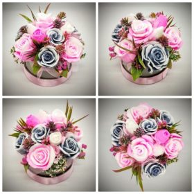   Szappanvirág  csokor - pink-szürke csokor - ezüst kör dobozban rózsaszín szalaggal - 3.