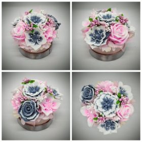   Szappanvirág  csokor - pink-szürke csokor - rózsaszín kör dobozban ezüst szalaggal - 2.