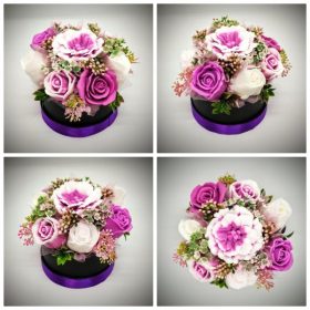   Szappanvirág  csokor - lila-mályvás csokor - fekete kör dobozban lila szalaggal - 1.