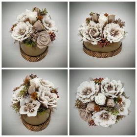   Szappanvirág  csokor - barna csokor - arany ovális dobozban pöttyös szalaggal