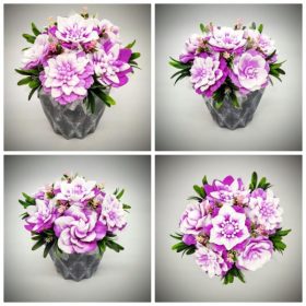   Szappanvirág  csokor - fukszia-fehér csokor - szürke műanyag kaspóban