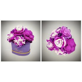   Szappanvirág  csokor - Fukszia színű csokor - lila szívalakú dobozban