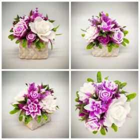   Szappanvirág csokor - Fukszia - fehér színű szappanvirág csokor - fehér bordás kocka kaspóban