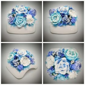   Szappanvirág  csokor - nagy kék-fehér csokor - fehér műanyag tálban