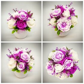   Szappanvirág  csokor - Fukszia-fehér csokor - fehér kaspóban