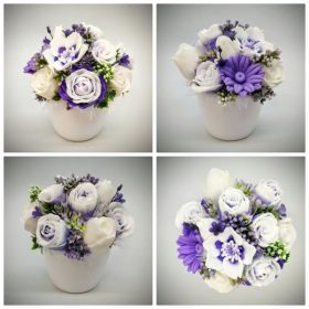   Szappanvirág  csokor - Lila-fehér csokor - fehér kaspóban