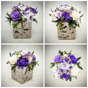   Szappanvirág csokor - Lila szappanvirág csokor - ezüst kocka kaspóban