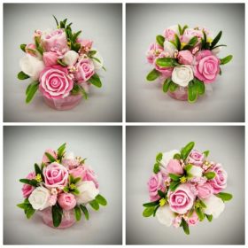   Szappanvirág  csokor - rózsaszín rózsacsokor - kis rózsaszín kaspóban 