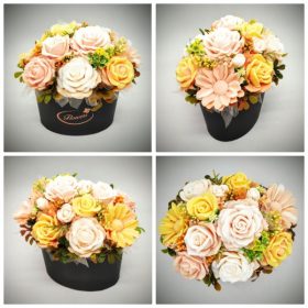   Szappanvirág  csokor - barack szappanvirág csokor - fekete ovális dobozban