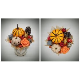   Szappanvirág csokor - Őszi csokor - mókussal - fém kaspóban - 2.