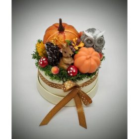   Szappanvirág csokor - Őszi csokor - mókussal - kör dobozban