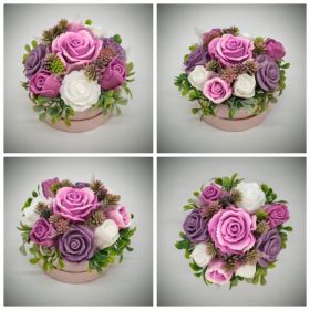   Szappanvirág csokor - lilás-mályvás szappanvirág csokor - rózsaszín kör dobozban -7.