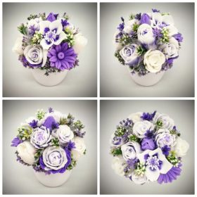   Szappanvirág  csokor - Lila-fehér csokor - fehér kaspóban