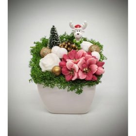   Szappanvirág  csokor - karácsonyi - kicsi szarvassal - fehér kaspóban
