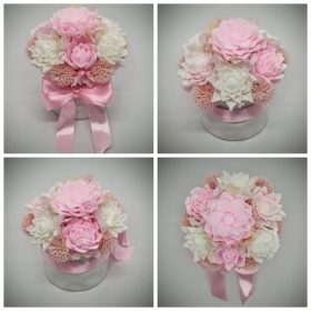   Szappanvirág csokor - kis rózsaszín-szappanvirág csokor - masnis - fehér kör kaspóban