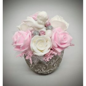   Szappanvirág csokor - rózsaszín-szappanvirág csokor - kis angyallal - kőkaspóban