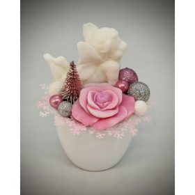   Szappanvirág csokor - fekvő angyal - rózsaszín rózsával - fehér kis kaspóban - 2.