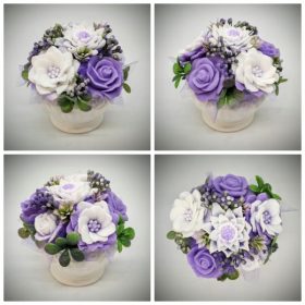   Szappanvirág csokor - lila - fehér - szappanvirág csokor - fehér kis kaspóban - 1.