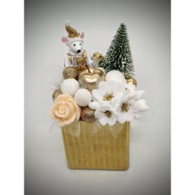   Szappanvirág  csokor - karácsonyi - arany egérkével - arany kocka kaspóban