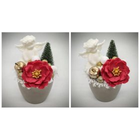   Szappanvirág  csokor - karácsonyi - angyallal - piros virággal - pezsgő közepes kaspóban