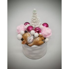   Szappanvirág csokor - rózsaszín-szappanvirág csokor - őzikével - fehér kör kaspóban