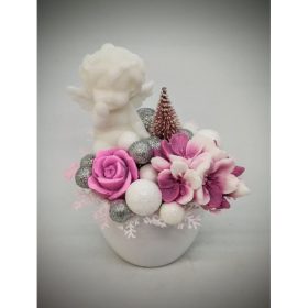   Szappanvirág  csokor - karácsonyi - szemben ülő angyalkával - fehér kis kaspóban - 1.