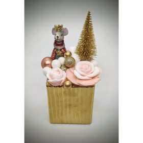   Szappanvirág  csokor - karácsonyi - egér királynő - barack virággal - arany kocka kaspóban