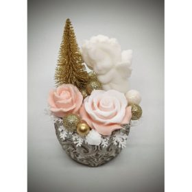   Szappanvirág csokor - karácsonyi - oldalt ülő angyalkával - barack virággal - kis kőkaspóban - 2.