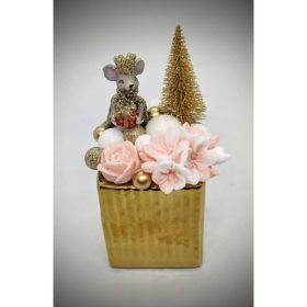   Szappanvirág  csokor - karácsonyi - egér király - barack virággal - arany kocka kaspóban