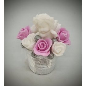   Szappanvirág csokor - oldalt ülő angyalka - rózsaszín-fehér virággal - kis ezüst kaspóban - 2.